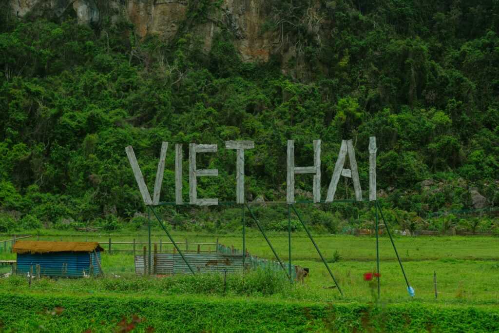 pexels-photo-32700717-32700717 Viet Hai sign stands amidst a lush, green landscape, offering a serene and picturesque view.